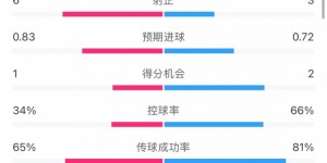 【龙八国际】热刺0-1水晶宫全场数据：热刺控球率66%，11射仅3正