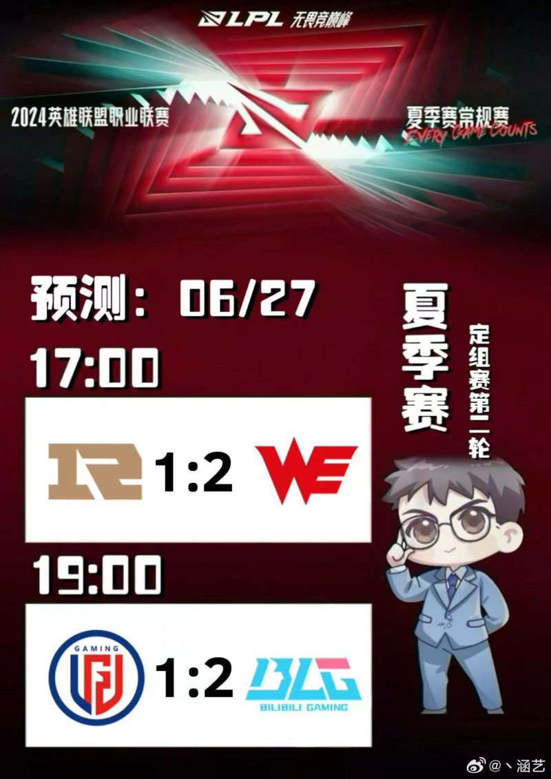 涵艺预测明日赛果：Able首秀助力WE 2:1战胜RNG，BLG 2:1 LGD