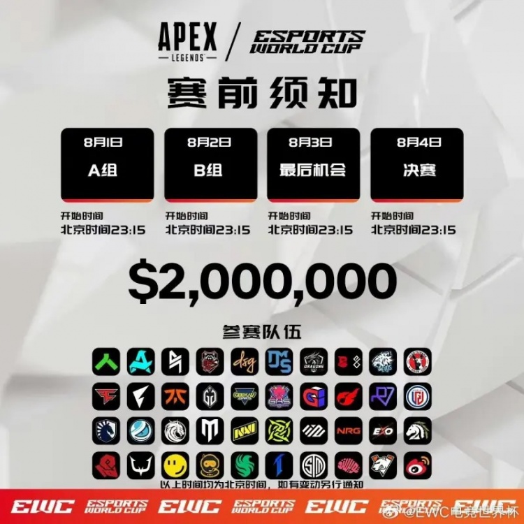 电竞世界杯APEX分组出炉：中国战队WBG与LGD同在B组